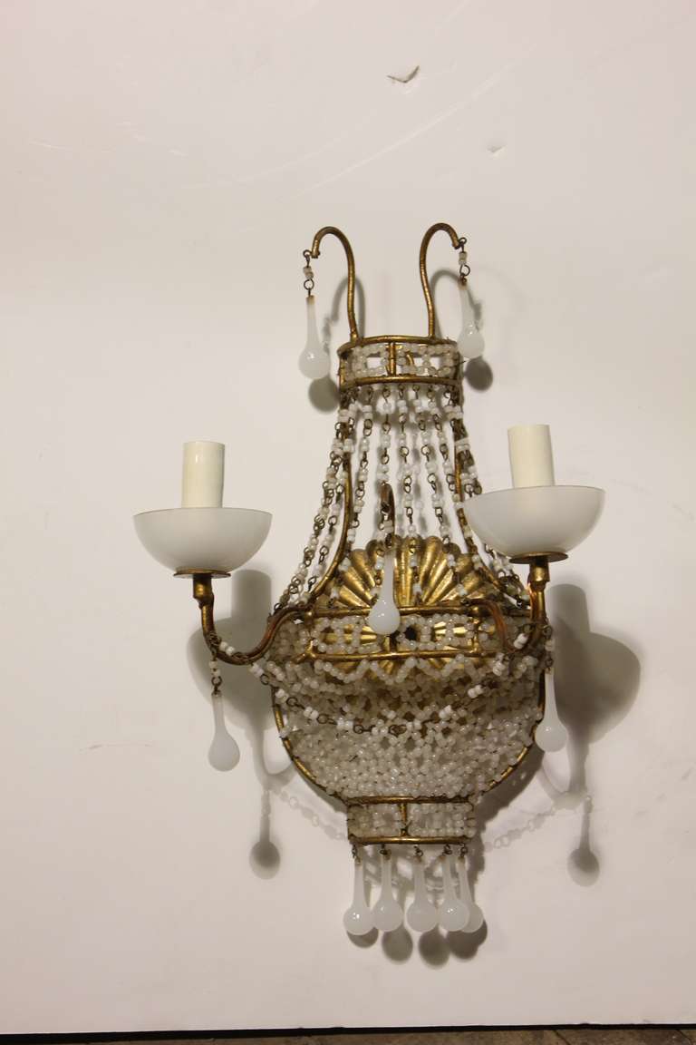 1920's French White Opaline Wall Sconces In Good Condition For Sale In Chicago, IL