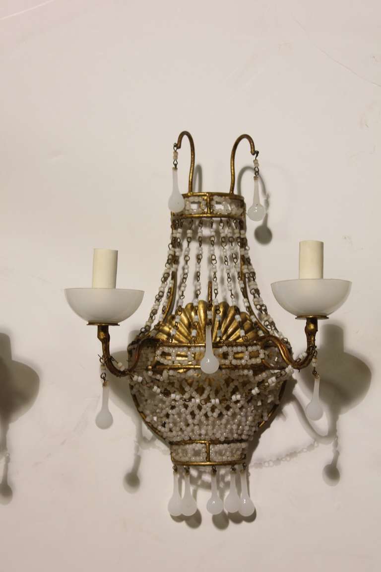 20th Century 1920's French White Opaline Wall Sconces For Sale