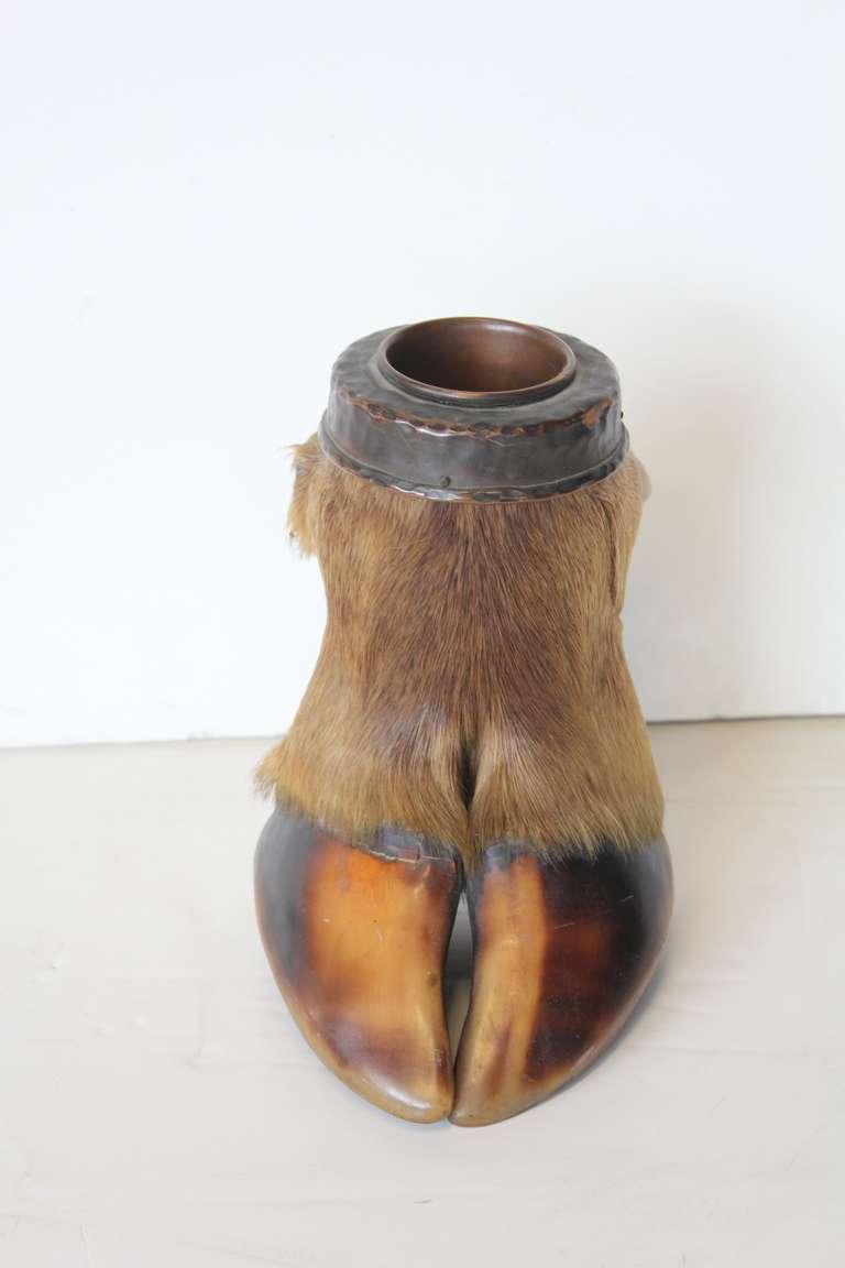 Circa 1900's taxidermy hoof foot ashtray with hand hammered copper top.