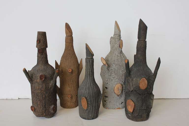Victorian Folk Art Faux-Bois Wood Bark Glass Decanters