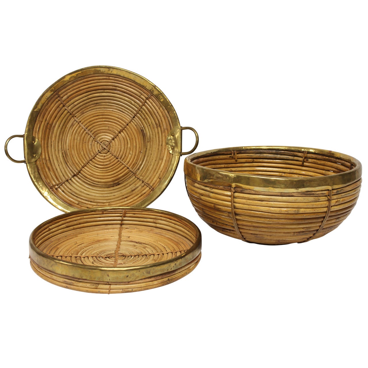 Collection of Mid-Century Brass and Rattan Bowls