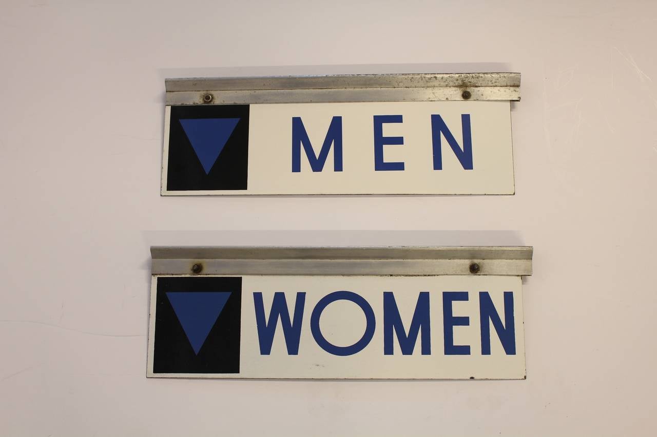 1950's enamel double sided gas station Men & Women restroom signs.