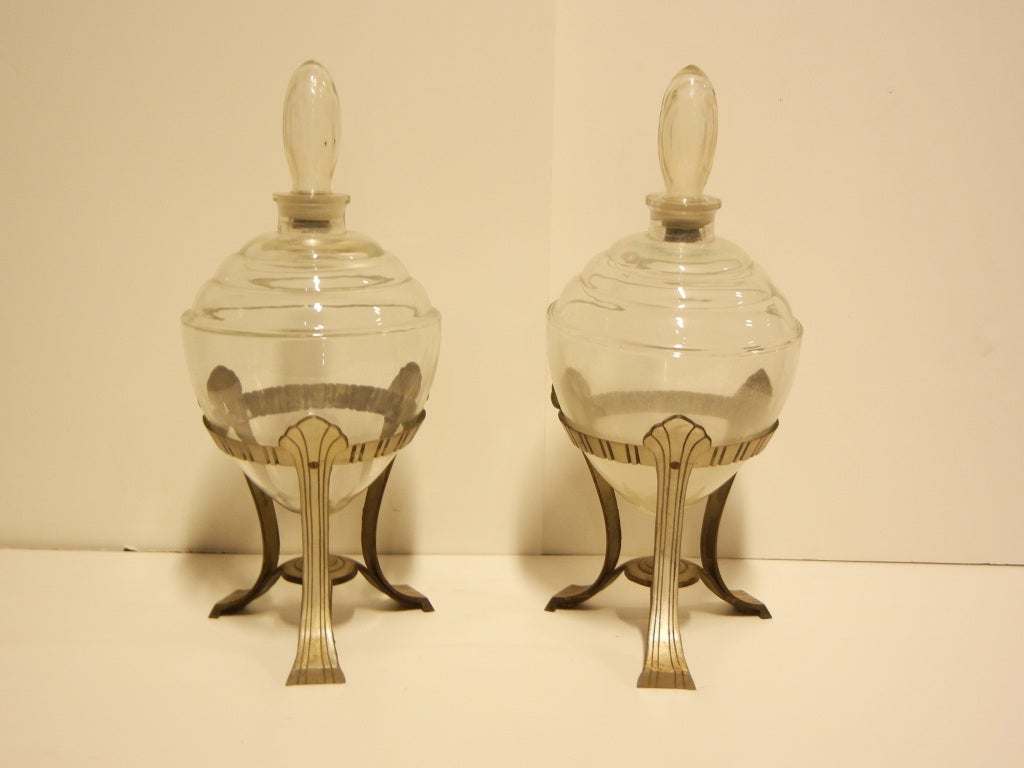 Art Deco Apothecary Glass Jars with original aluminum stands