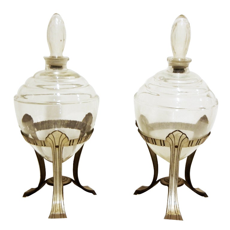 Art Deco Apothecary Glass Jars with original stands For Sale