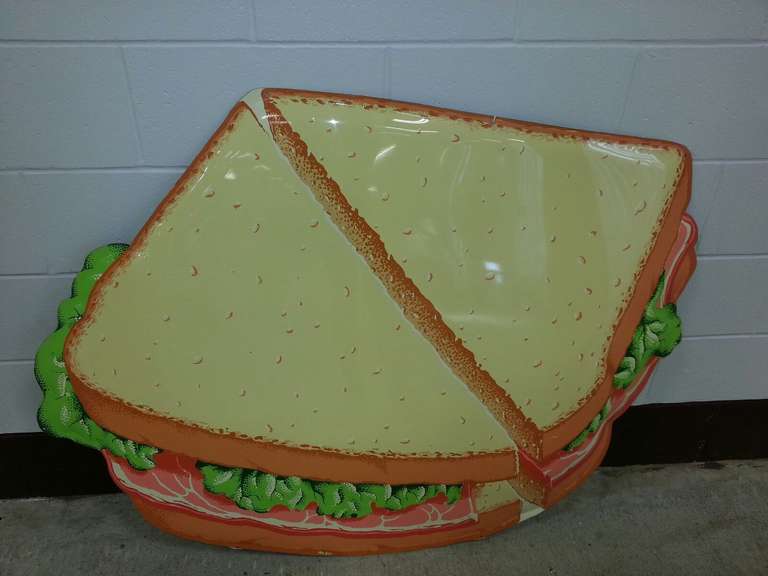 Over sized 1950's convex cut-out Ham Sandwich sign done by Allen Morrison INC for Coca Cola to be used as advertising in diners.