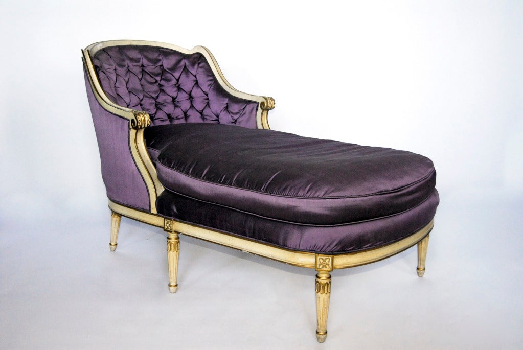 1800's French chaise lounge with hand painted wooden base and silk upholstery