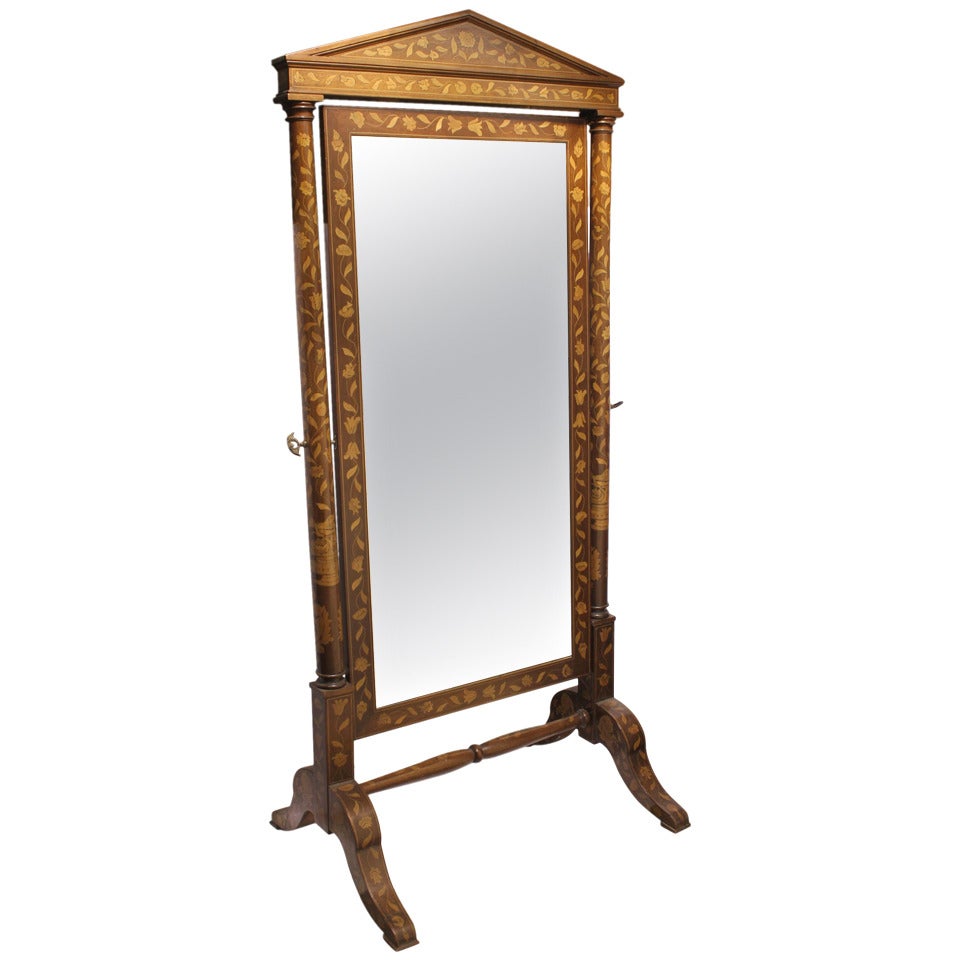 Antique Inlaid Wood Floor Mirror For Sale