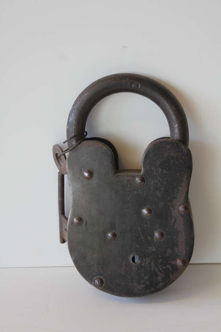 Folk Art Giant Antique Iron Padlock & Key