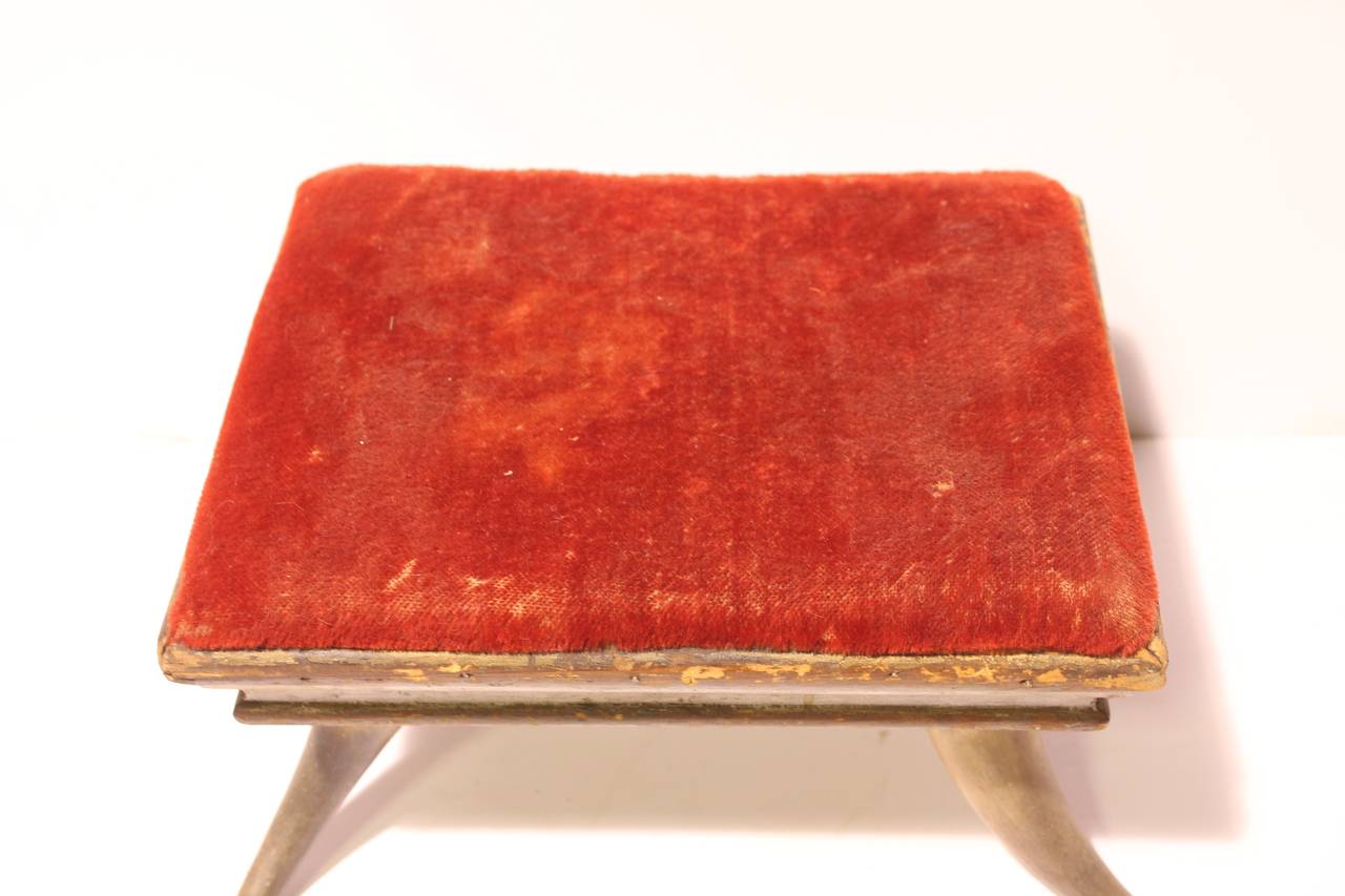 Antique velvet and horn stool. Original velvet upholstery.
