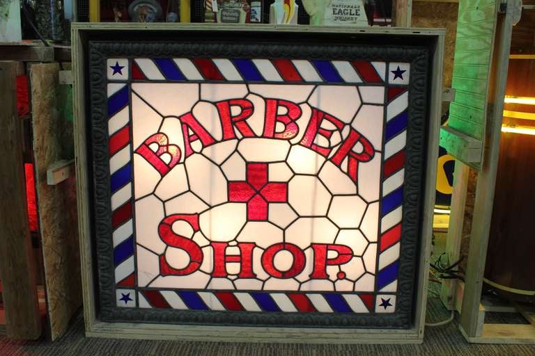 1800's Double Sided Light Up Original Stained Glass " Barber Shop " Sign