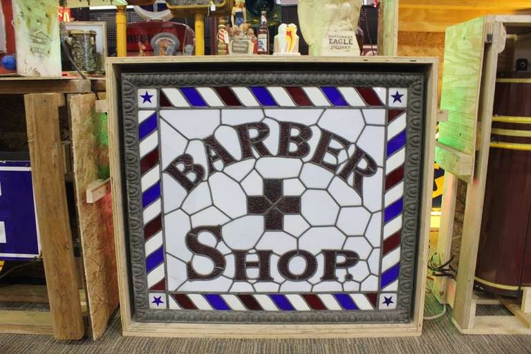 1800's Double Sided Light Up Original Stained Glass " Barber Shop " Sign at 1stdibs
