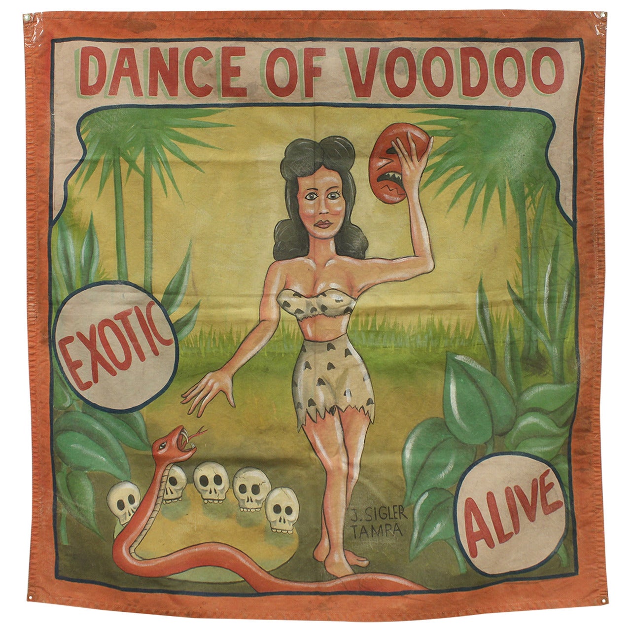 1950s Circus Sideshow Banner, "Dance of Voodoo" by Sigler Studios
