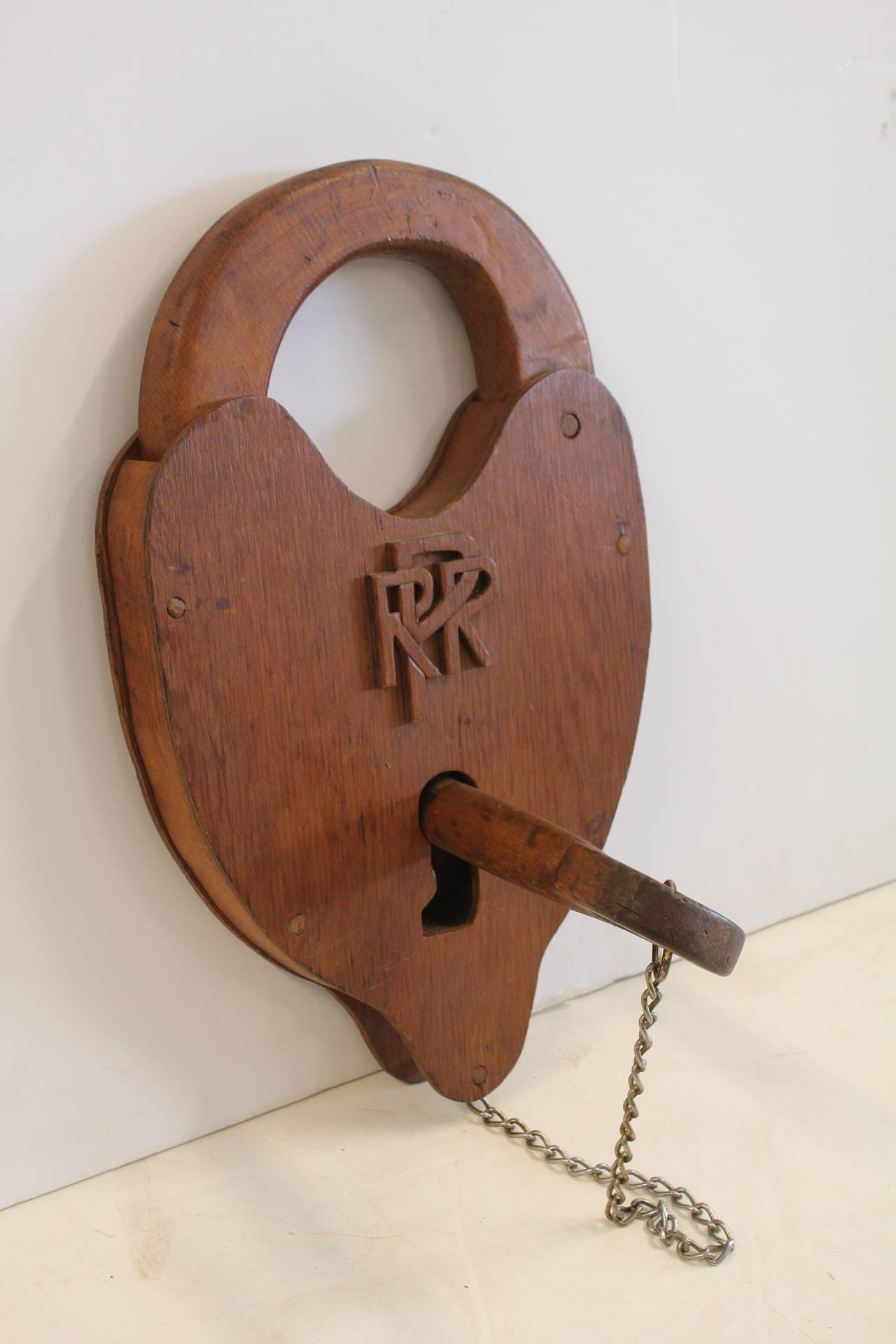 Giant Folk Art wood padlock with matching key.