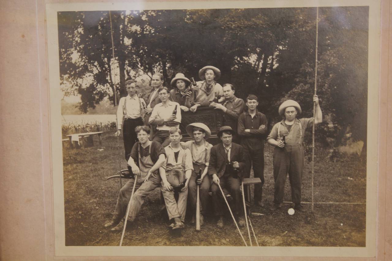 Charming antique photo for a special day with baseball, fishing and music.