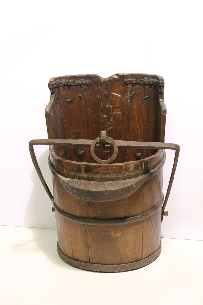 American Unusual Antique Wood & Wrought Iron Water Bucket