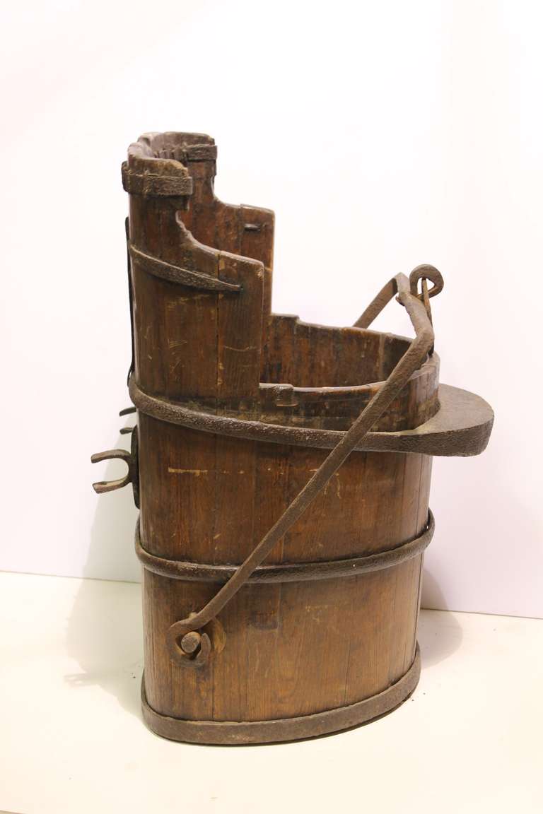 Folk Art Unusual Antique Wood & Wrought Iron Water Bucket