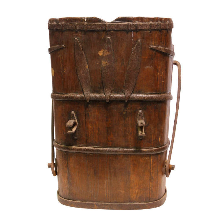 Unusual Antique Wood & Wrought Iron Water Bucket