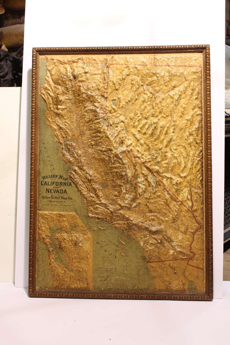 Large early 1900's raised relief map of California & Nevada by Atlas Relief Map Company.