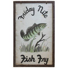 1940s Folk Art Wood Sign "Friday Nite Fish Fry"