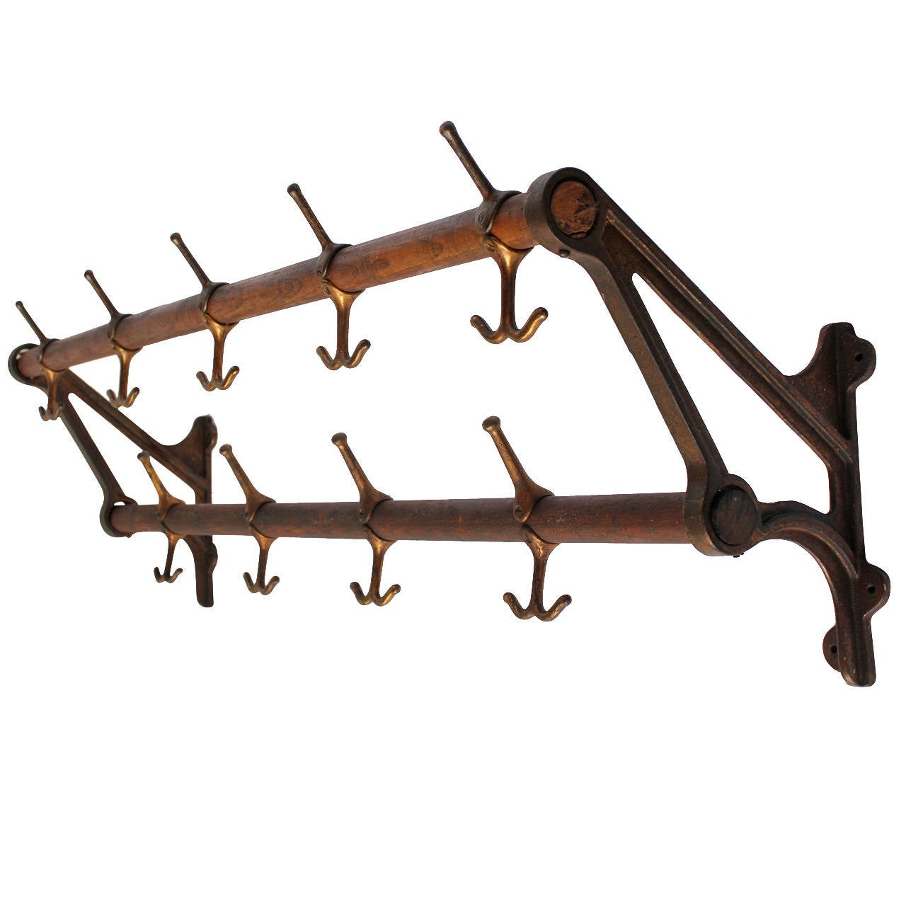 Antique Oak and Brass Wall Coat Rack, more available at 1stdibs