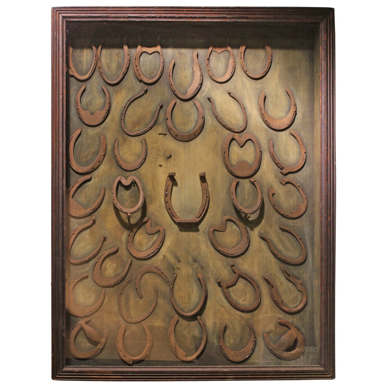 Antique Large Shadow Box with Collection of Iron Horseshoes at 1stDibs