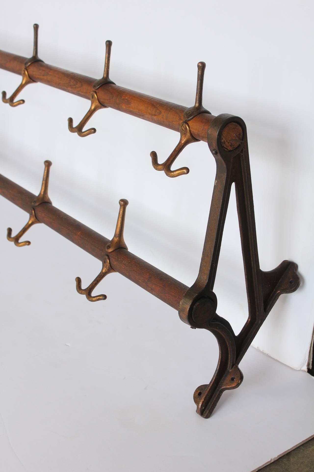 Antique Oak and Brass Wall Coat Rack, more available at 1stdibs