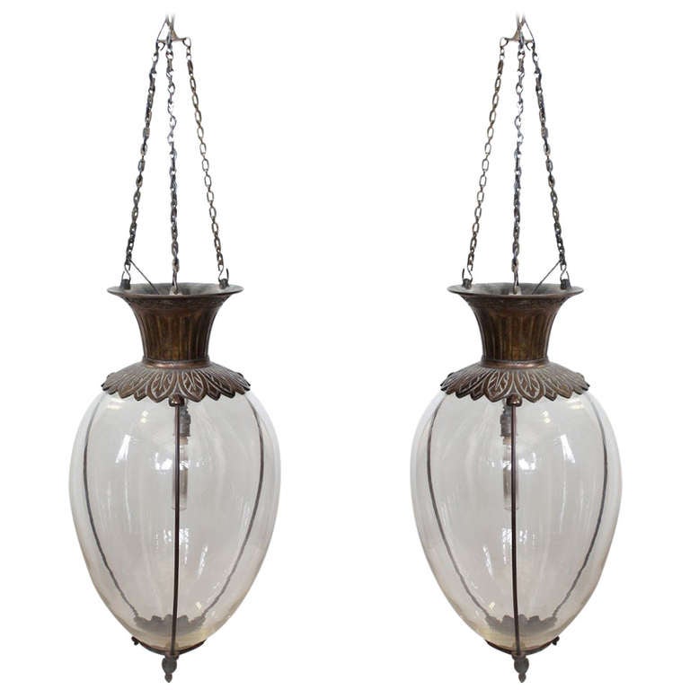 Pair of Antique Drugstore Glass & Bronze Show Globes Chandeliers