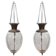Pair of Antique Drugstore Glass & Bronze Show Globes Chandeliers
