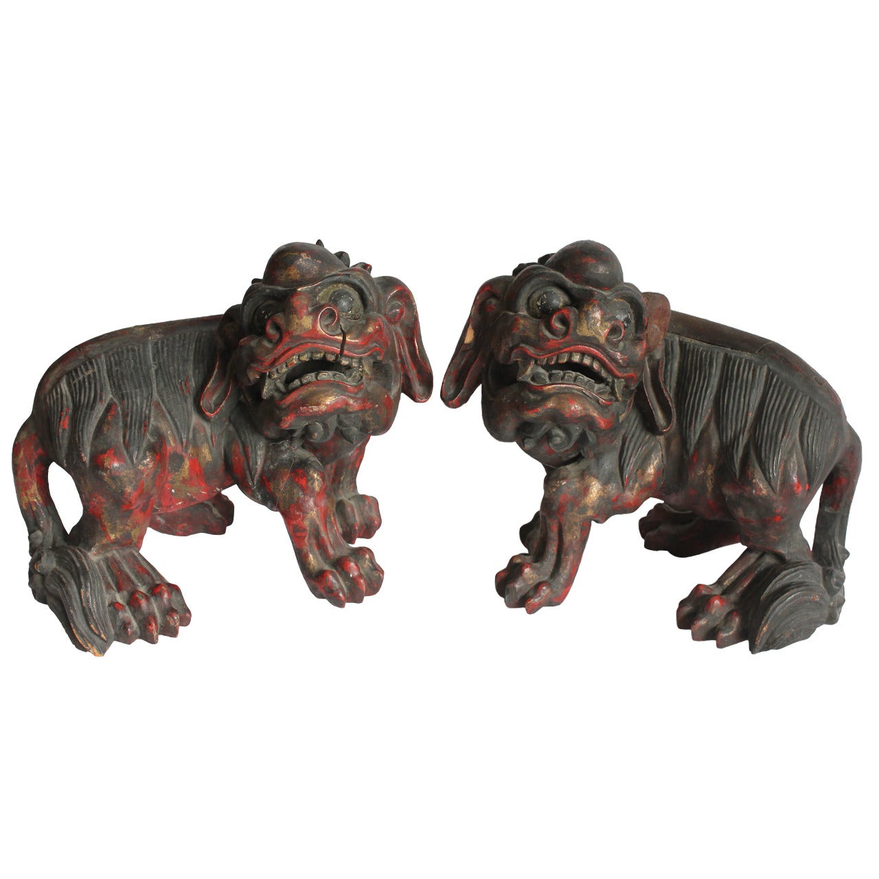 19th Century Chinese Carved Foo Dogs For Sale