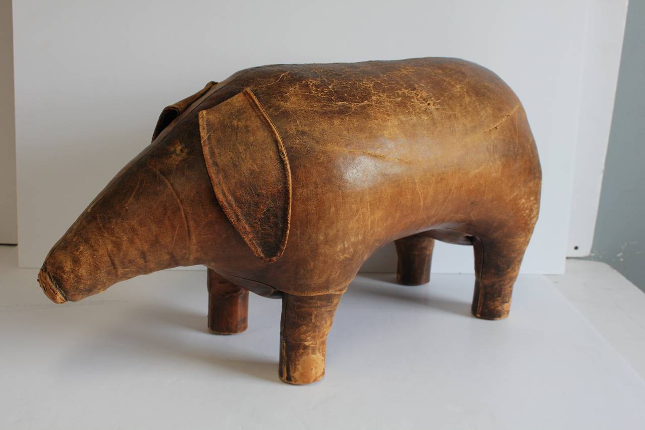 Original 1960's Abercrombie & Fitch leather pig ottoman designed by Dimitri Omersa