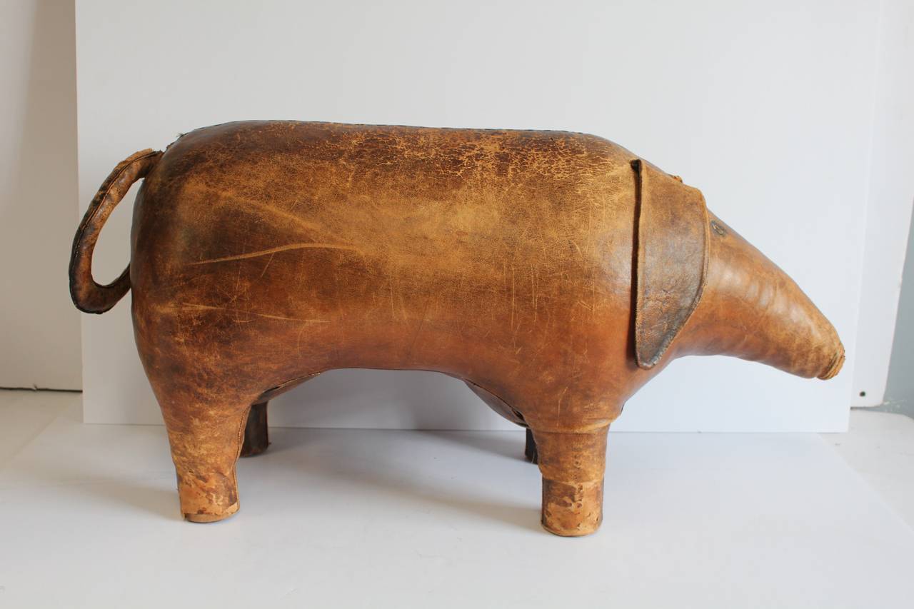 Folk Art Large 1960s Abercrombie & Fitch Leather Pig Ottoman