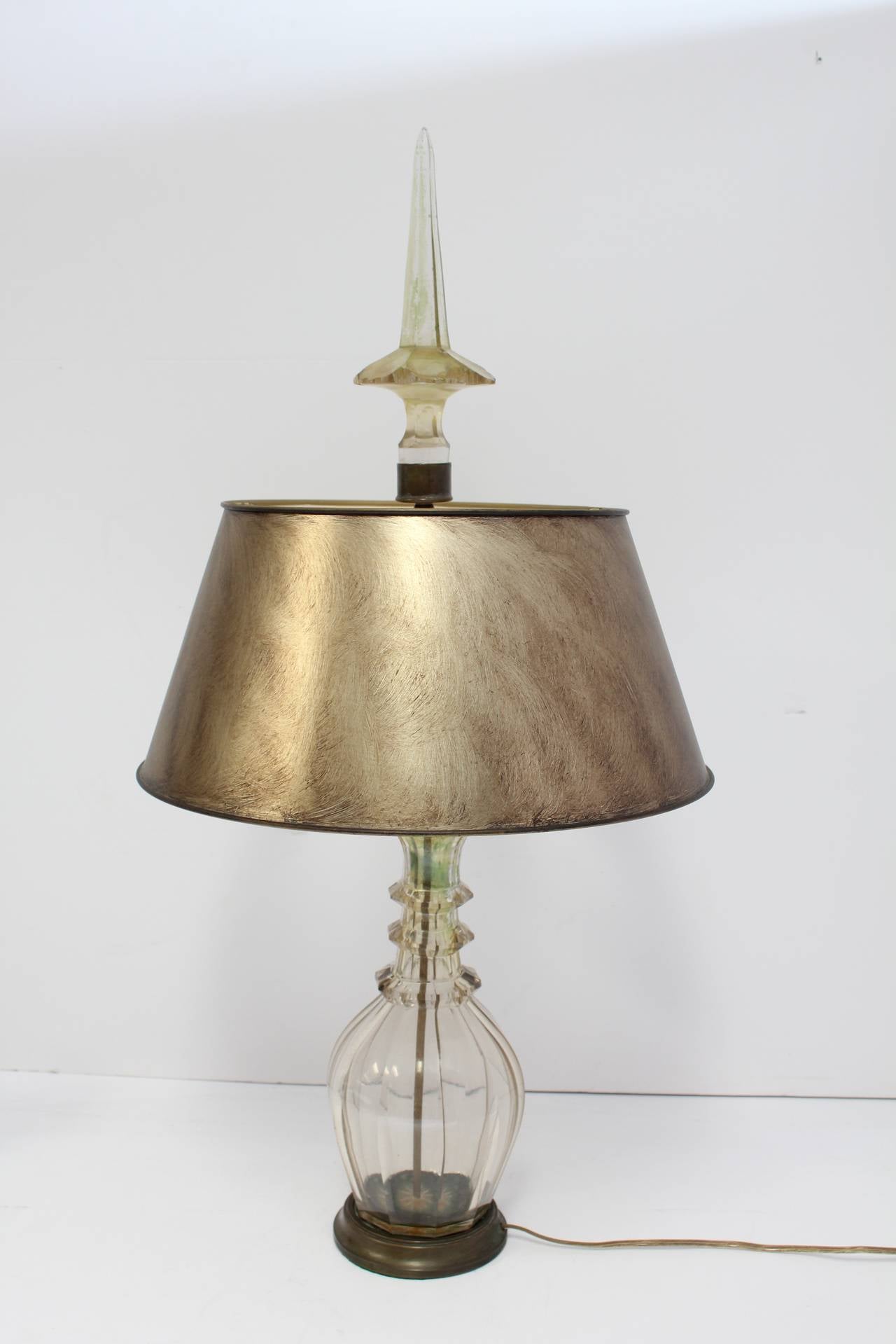 19th century Moser smoky champagne cut-glass carafe turned into table lamp with hand-painted shade.