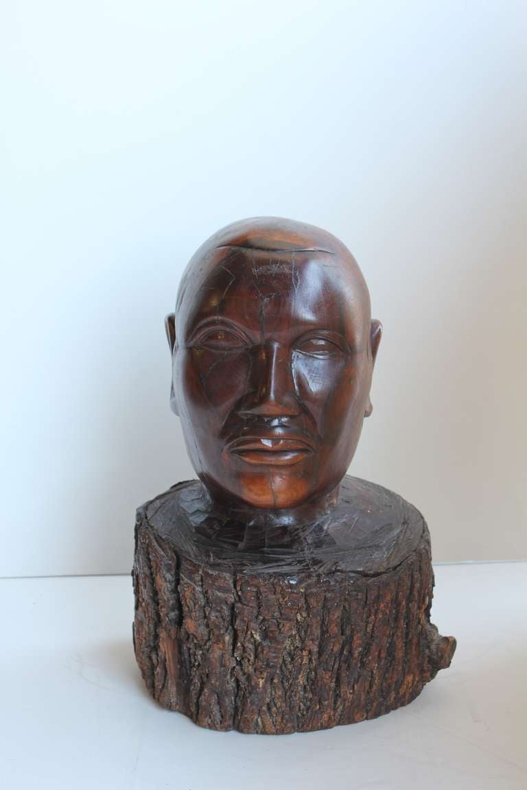 Large Folk Art hand carved wooden man's head sculpture. 