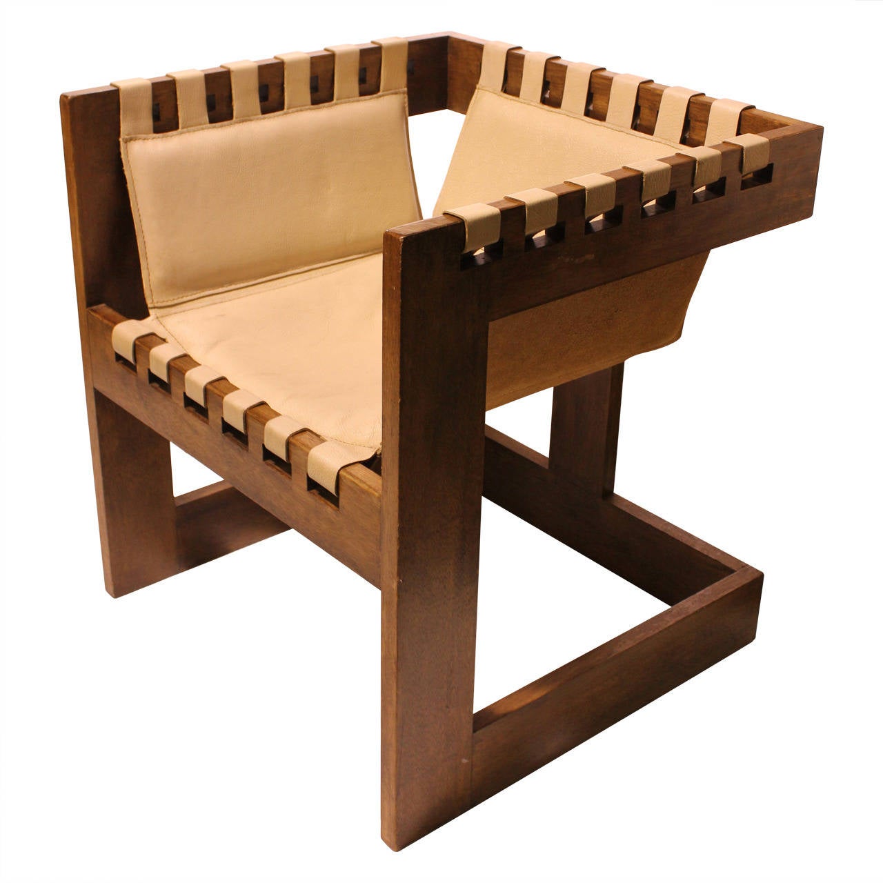 Modern Wood and Leather Sling Chair at 1stDibs