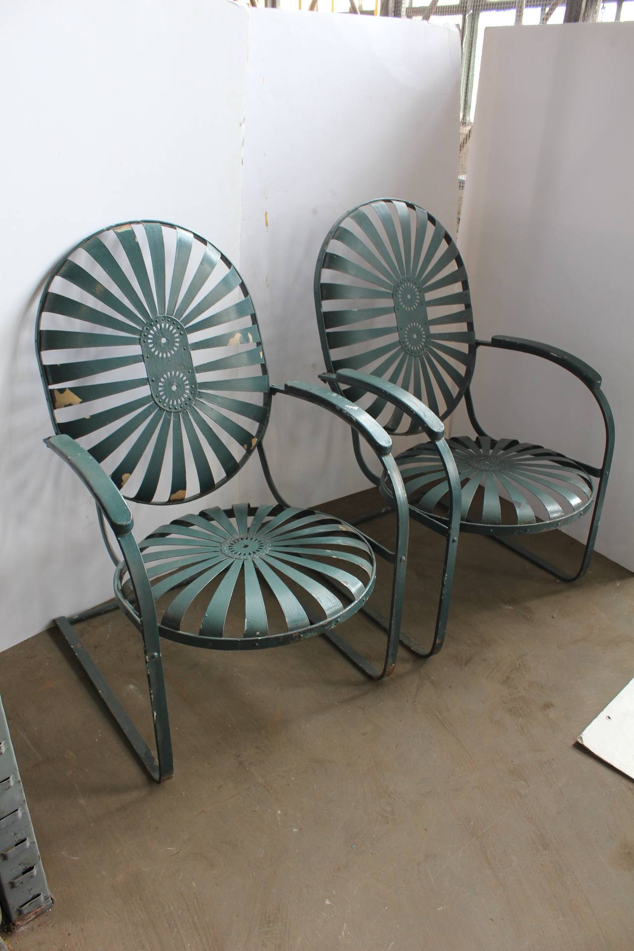Rare 1930's French metal garden lounge chairs by Carre.