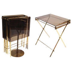 Set 4 Charles Hollis Jones Brass and Smoked Lucite Folding Tray Serving Tables