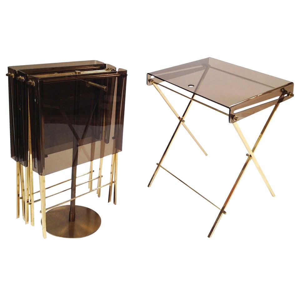 Set 4 Charles Hollis Jones Brass and Smoked Lucite Folding Tray Serving Tables
