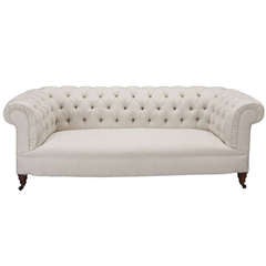 Antique English Chesterfield Sofa Upholstered in Off White Belgian Linen