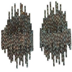 Used Pair Large Brutalist Pierced Metal Fantoni Style Sconces