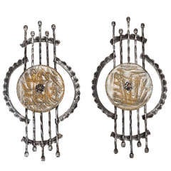 Pair Mid Century Forged Iron and Glass Disk Sconces