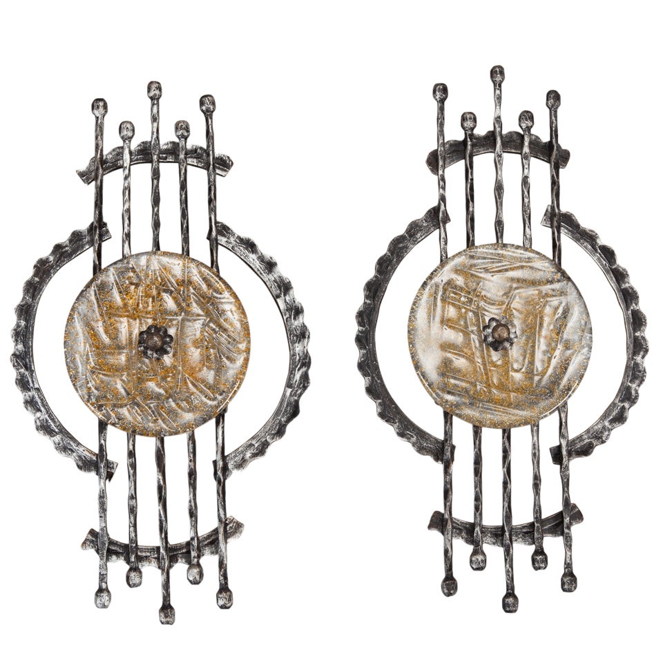 Pair Mid Century Forged Iron and Glass Disk Sconces