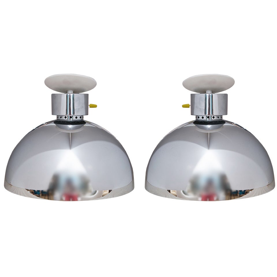 Pair of Vintage Lightolier Chrome Half-Dome Pendants