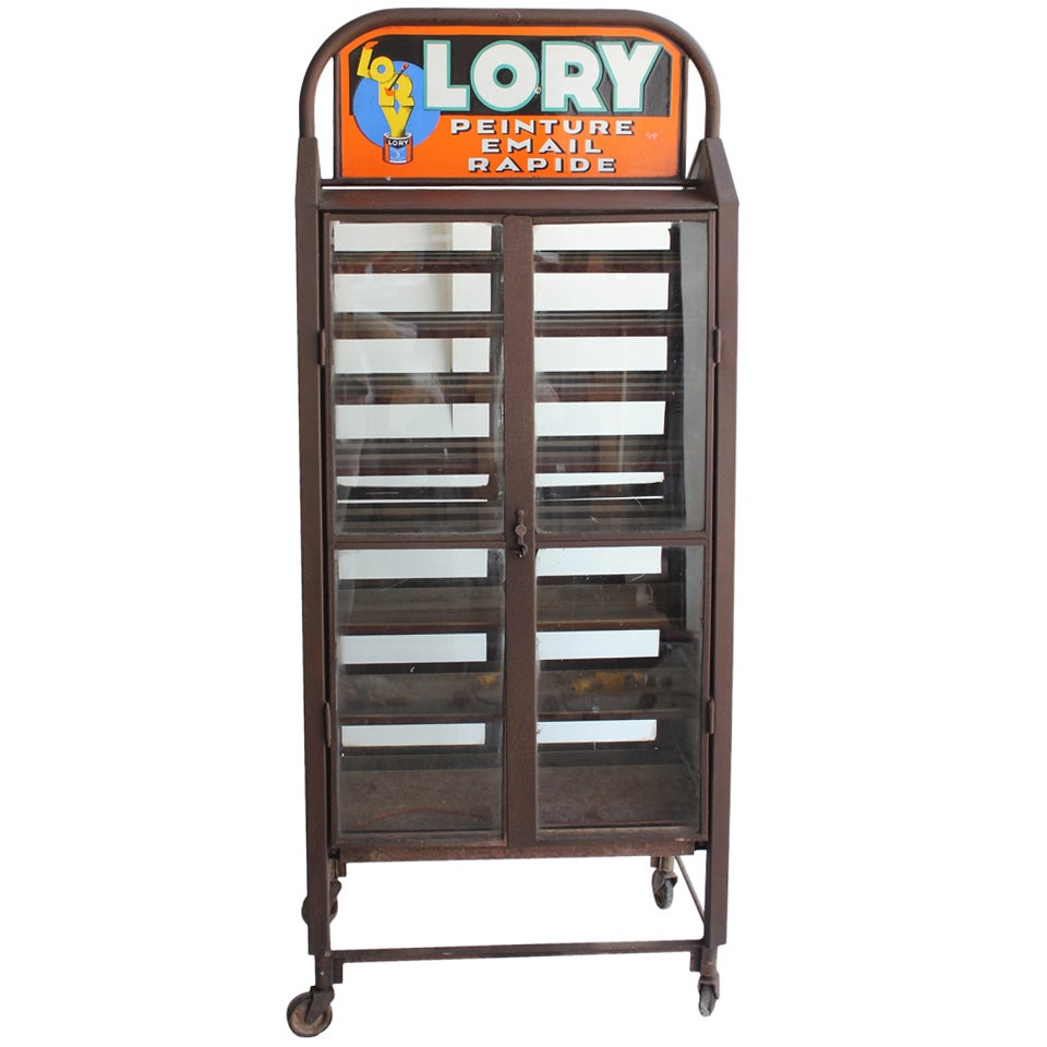 Antique French Industrial Advertising Metal Cabinet For Sale