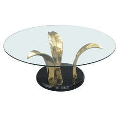 Circular Glass-Top Coffee Table on Brass Base