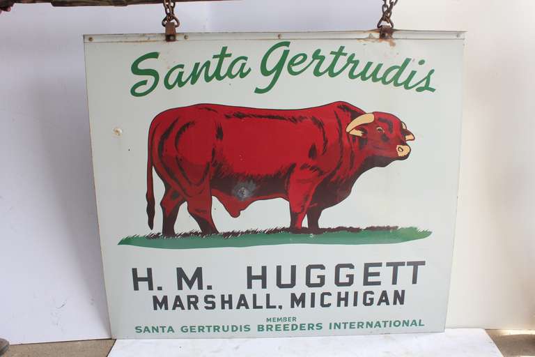 Large double sided porcelain advertising sign for Santa Gertrudis Bulls Breeders.