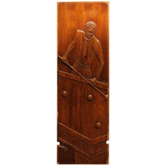 Antique 1920s Hand-Carved Panel with Billiard Player