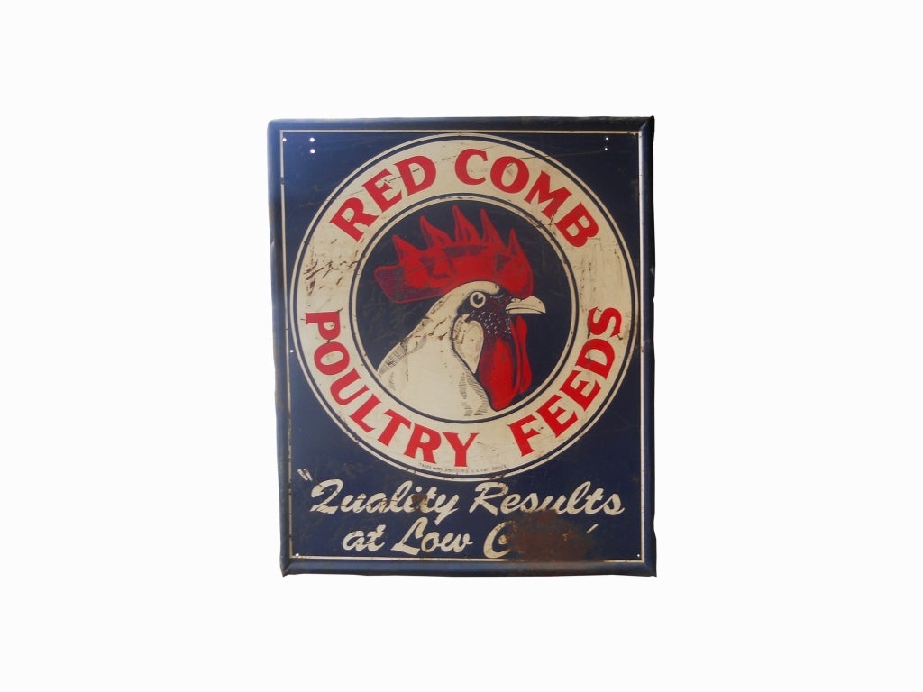 Great 1950's metal advertising sign for Red Comb Poultry Feeds