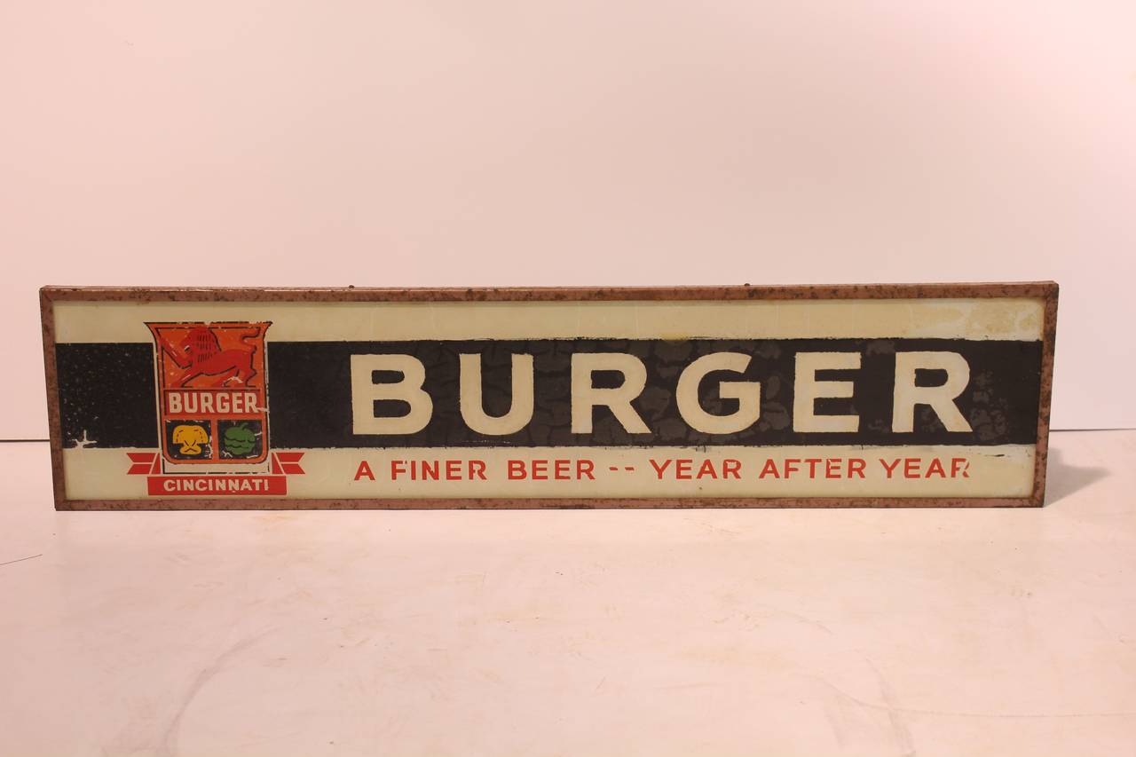 1940s Reverse Paint Glass Sign "Burger Cincinnati Beer"