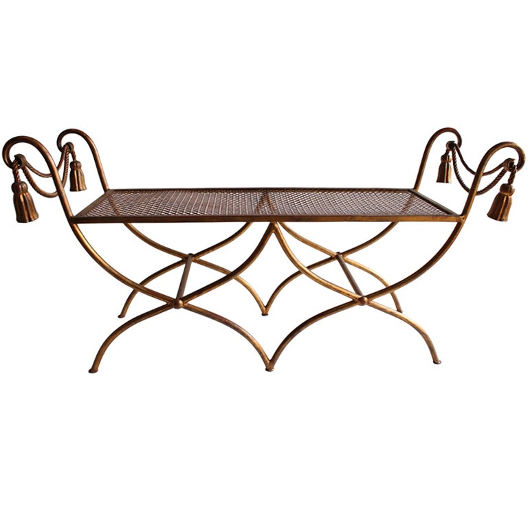 Midcentury Italian Gold Leaf Wrought Iron Bench For Sale