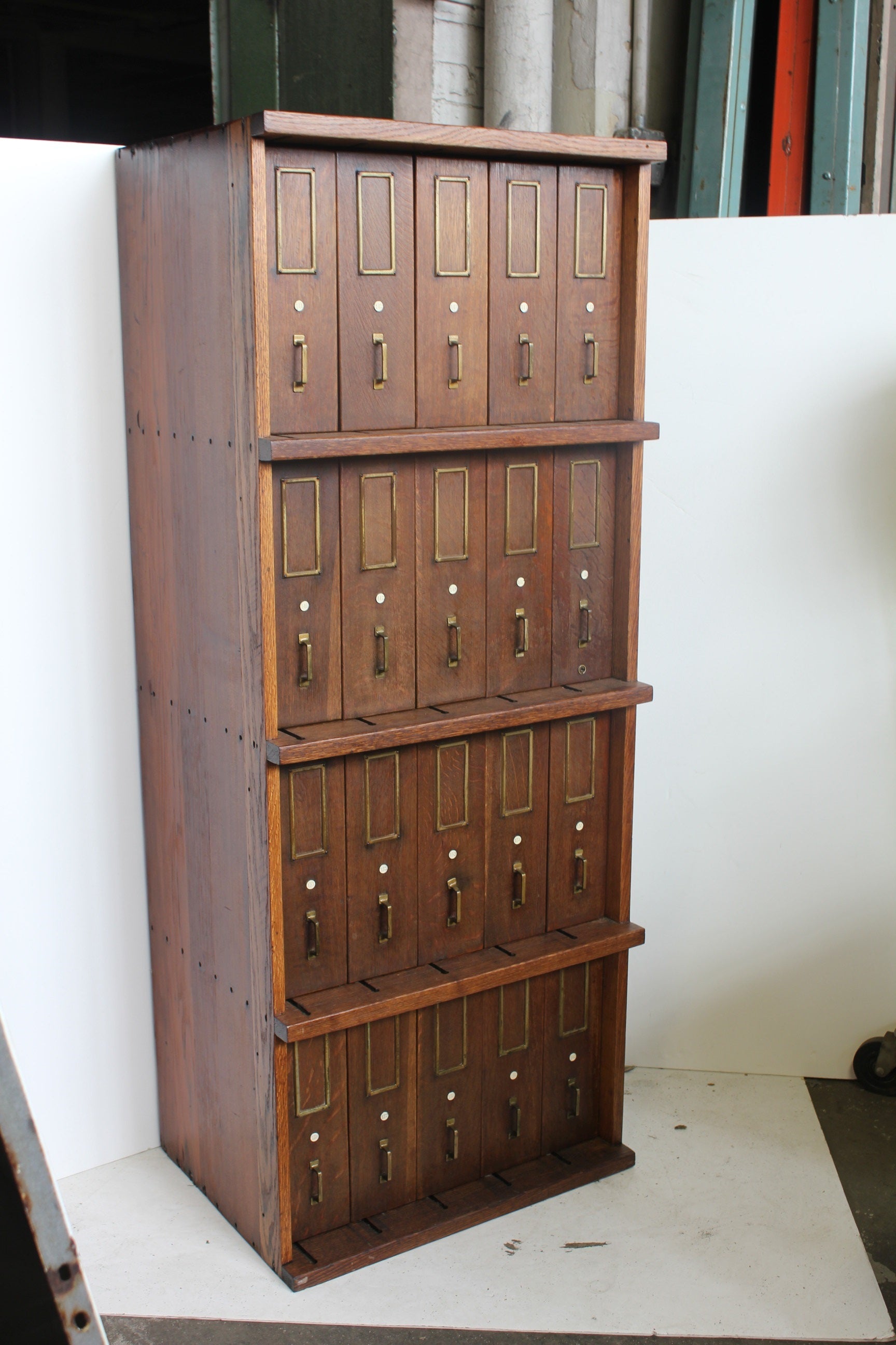 Antique Oak Filing Cabinet With Original Brass Hardware